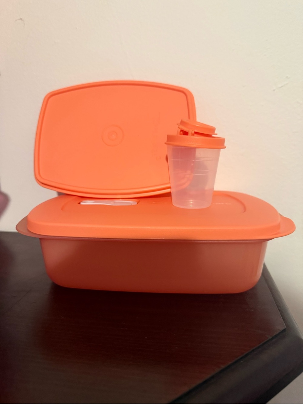 Bright Orange lunch container with small salt shaker